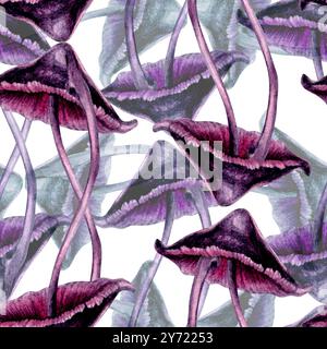 Motivo senza cuciture con sgabelli velenosi viola su sfondo verde. Modello di illustrazione ad acquerello per esoterico, stregoneria, Halloween: Invitatio Foto Stock