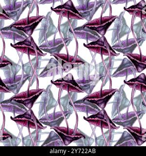 Motivo senza cuciture con sgabelli velenosi viola su sfondo verde. Modello di illustrazione ad acquerello per esoterico, stregoneria, Halloween: Invitatio Foto Stock