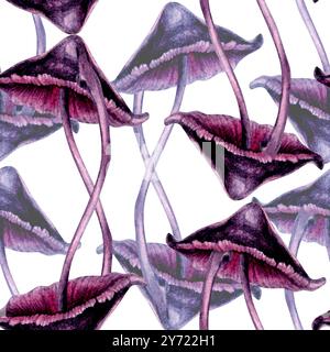 Motivo senza cuciture con sgabelli velenosi viola su sfondo verde. Modello di illustrazione ad acquerello per esoterico, stregoneria, Halloween: Invitatio Foto Stock