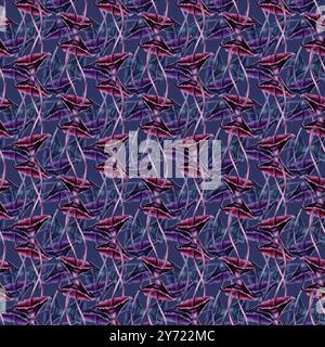 Motivo senza cuciture con sgabelli velenosi viola su sfondo verde. Modello di illustrazione ad acquerello per esoterico, stregoneria, Halloween: Invitatio Foto Stock