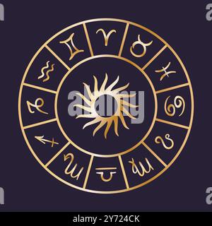 Una ruota zodiacale dal design splendido che mostra in modo prominente intricati simboli astrologici e un motivo solare centrale Illustrazione Vettoriale