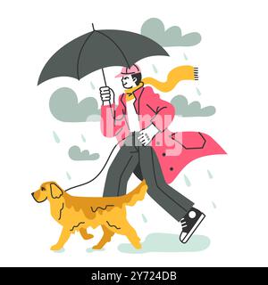 Carattere maschile sotto la pioggia. Pioggia e nuvolosità in estate o in primavera. Ragazzo sotto gli ombrelli che cammina all'aperto con il suo cane Golden retriever. Illustrazione vettoriale piatta Illustrazione Vettoriale