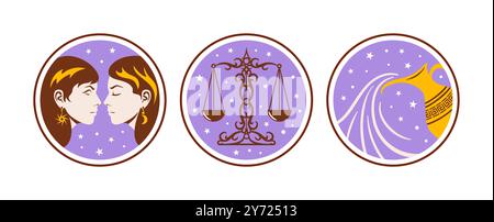 Illustrazioni artistiche di Zodiac Gemini, Libra e Acquario con temi celesti in colori vivaci che catturano la loro essenza. oggetti celesti, ast Illustrazione Vettoriale