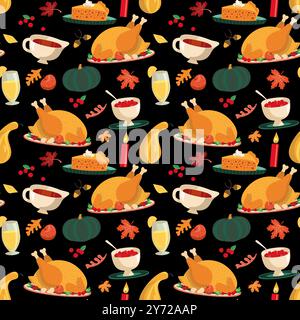 Piatti tradizionali per le feste del Ringraziamento, fantasia vettoriale senza cuciture. tacchino arrosto, salsa di mirtilli rossi, elemento decorativo con disegno a cartoni animati con torta di zucca. H Illustrazione Vettoriale