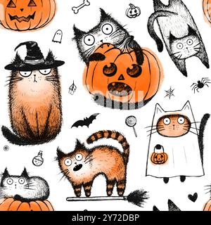 Simpatici gatti di halloween con motivo senza cuciture. Mostri delle vacanze. Illustrazione dell'animale felice di halloween. Foto Stock