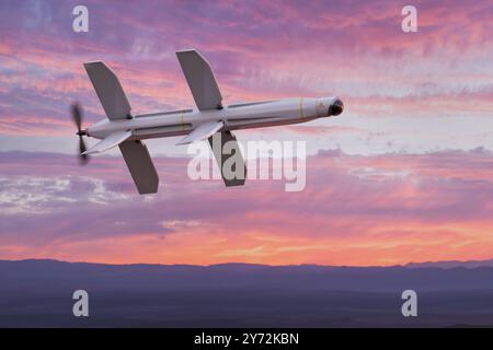 Drone militare kamikaze Lancet in the Sky - rendering 3d. Foto Stock