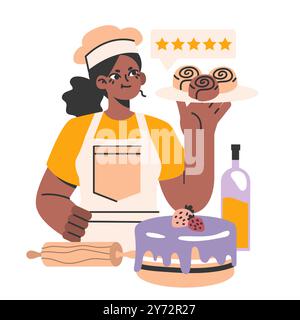 Pasticceria femminile. Proprietario di una piccola impresa. Donna nera in grembiule che produce e vende dolci. Fornaio che prepara una torta per le vacanze o le feste. Illustrazione vettoriale piatta Illustrazione Vettoriale