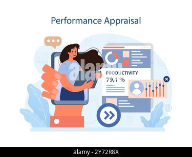 Competenza del responsabile delle risorse umane. Specialista nella gestione del personale. Il responsabile delle risorse umane valuta le prestazioni e la produttività dei dipendenti. Illustrazione vettoriale piatta Illustrazione Vettoriale