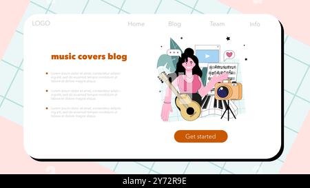 Music copre il banner Web o la landing page di video blogger. Contenuti virali su Internet. Creator o influencer multimediale sui social media. Comunicazione e intrattenimento online. Illustrazione vettoriale piatta Illustrazione Vettoriale