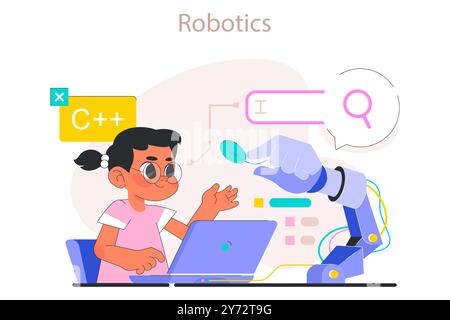 I bambini eseguono la programmazione. Corso di formazione sulle tecnologie DELL'INTELLIGENZA ARTIFICIALE e la robotica. I bambini imparano la programmazione e l'ingegneria dei robot. Illustrazione vettoriale piatta Illustrazione Vettoriale