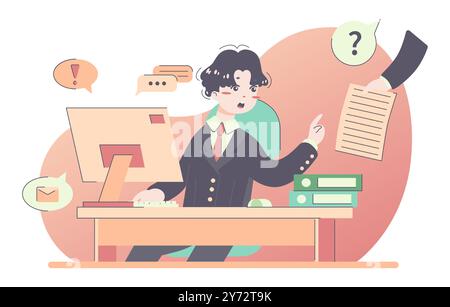 Uomo d'affari asiatico sul posto di lavoro. Imprenditore in tuta che lavora su un computer alla scrivania dell'ufficio. Impiegato impegnato a lavorare con un documento. Illustrazione vettoriale piatta Illustrazione Vettoriale