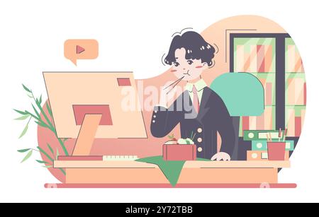 Uomo asiatico che mangia cibo alla scrivania dell'ufficio. Impiegato impegnato a lavorare al computer durante il pranzo. Uomo giapponese che mangia bento sul posto di lavoro. Illustrazione vettoriale piatta Illustrazione Vettoriale
