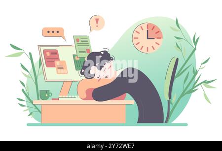 Routine quotidiana di un uomo asiatico. Un uomo d'affari stanco e affaticato che dorme alla scrivania dell'ufficio. Ora di pranzo o pausa. Illustrazione vettoriale piatta Illustrazione Vettoriale