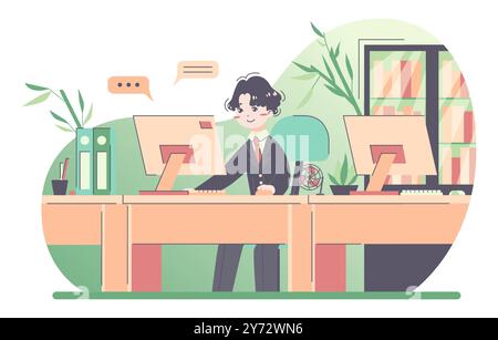 Uomo d'affari asiatico sul posto di lavoro. Imprenditore in tuta che lavora su un computer alla scrivania dell'ufficio. Impiegato impegnato a lavorare con un documento. Illustrazione vettoriale piatta Illustrazione Vettoriale