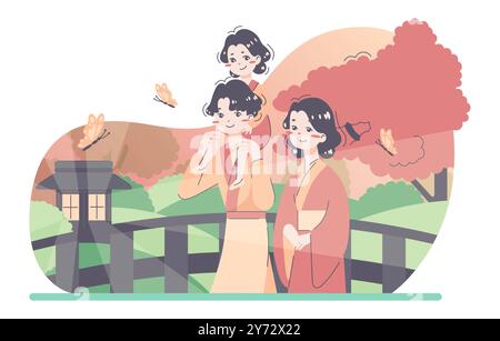 Famiglia giapponese all'aperto. Famiglia asiatica felice con abiti tradizionali che si diverte a trascorrere del tempo insieme a passeggiare nel parco. Splendido paesaggio primaverile o estivo. Illustrazione vettoriale piatta Illustrazione Vettoriale