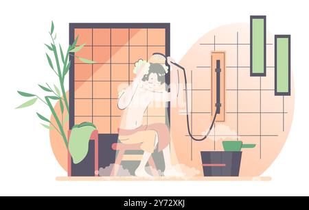 Routine quotidiana di un uomo asiatico. Il carattere giapponese maschile nel tradizionale bagno asiatico, che prende la doccia. Illustrazione vettoriale piatta Illustrazione Vettoriale