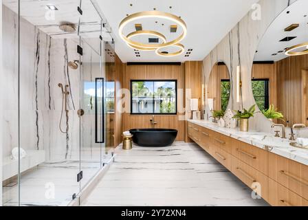 Lussuoso bagno moderno con vasca nera, pareti in marmo e grande doccia in vetro, con illuminazione elegante e accenti in legno. Foto Stock