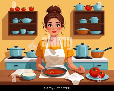 Illustrazione piatta stilizzata di una donna premurosa in una cucina accogliente e moderna, circondata da libri di ricette aperti e utensili sparsi, con un pu Foto Stock