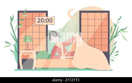 Lo stile di vita quotidiano di un uomo asiatico. Uomo giapponese in abiti tradizionali che va a letto la sera. Uomo assonnato sotto la coperta. Orario di buonanotte tutti i giorni. Illustrazione vettoriale piatta Illustrazione Vettoriale