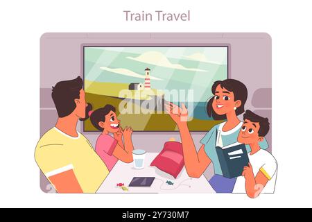 Viaggio in famiglia. I personaggi che viaggiano in treno guardano fuori dalle finestre i paesaggi. Passeggeri, mamma papà e bambini che vanno in vacanza in estate. Illustrazione vettoriale piatta Illustrazione Vettoriale