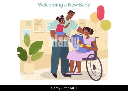 Famiglia che accoglie un neonato. Felice padre e sorella che incontrano mamma con un bambino piccolo. Festa Babyshower in ospedale. Illustrazione vettoriale piatta Illustrazione Vettoriale