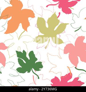 Pattern multistrato complesso e senza cuciture con foglie di fico - contorno colorato e incolore Illustrazione Vettoriale