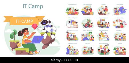 Set Tech Camp per bambini. Corso di formazione su informatica, intelligenza artificiale, tecnologie VR e robotica. Bambini che imparano programmazione e ingegneria durante le vacanze estive. Illustrazione vettoriale piatta Illustrazione Vettoriale