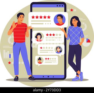 Classificazione a stelle. Recensioni online. Concetto di feedback. Bolla discorsi sul telefono cellulare. Illustrazione vettoriale. Piatto. Illustrazione Vettoriale