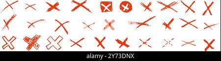 Set di forme a croce. Collezione di cartelli disegnati a mano con X rossa. Nessun simbolo per il voto, il quiz o il sondaggio. Icone di scelta semplice. Cross doodle mark child scritto a mano Illustrazione Vettoriale