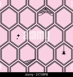 Halloween honeybee alveare cellule senza cuciture struttura. Moderno sfondo a griglia con linea nera e rosa. Y2K Print colori monocromatici per tessuti, involucri Illustrazione Vettoriale