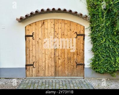 La fotografia cattura una vista dettagliata di un antico cancello medievale in legno e metallo, situato nelle strade di una storica città europea. Foto Stock