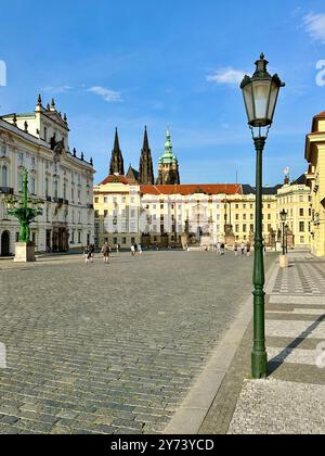 La fotografia mostra un paesaggio urbano medievale europeo in estate, caratterizzato da tetti vivaci e intricati dettagli architettonici. Foto Stock