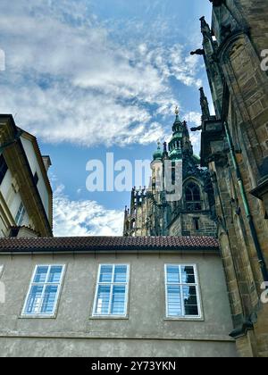 La fotografia mostra un paesaggio urbano medievale europeo in estate, caratterizzato da tetti vivaci e intricati dettagli architettonici. Foto Stock