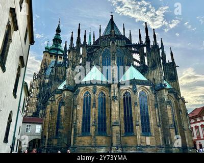 La fotografia mostra un paesaggio urbano medievale europeo in estate, caratterizzato da tetti vivaci e intricati dettagli architettonici. Foto Stock