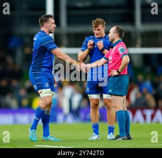 Aviva Stadium, Dublino, Irlanda. 27 settembre 2024. United Rugby Championship, Leinster Versus Dragons; Leinster dopo il fischio a tempo pieno Credit: Action Plus Sports/Alamy Live News Foto Stock