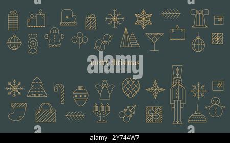 Buon Natale e felice anno nuovo insieme di banner vettoriali di saluto, poster. Semplice giocattolo di Natale, campana, albero. Illustrazione Vettoriale