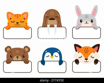 Set di adesivi con nome. Adesivi per animali. Illustrazione vettoriale in stile piatto. Illustrazione Vettoriale