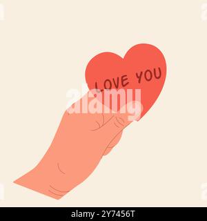 Mano che tiene il cuore. San Valentino. Illustrazione vettoriale in stile piatto. Illustrazione Vettoriale
