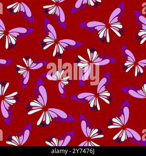 motivo senza cuciture di farfalle decorative blu-violacee su sfondo rosso, texture, design Foto Stock