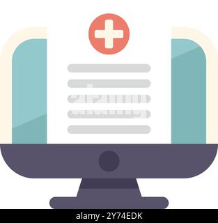 Monitor che visualizza un'anamnesi medica con un'icona a croce, che rappresenta le cartelle cliniche online e i servizi di telemedicina Illustrazione Vettoriale