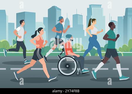 Un'illustrazione vettoriale delle persone che corrono in Marathon Race in città Illustrazione Vettoriale