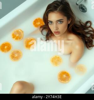 Bella donna che si immerge in un bagno di latte con fette di arancia galleggiante Foto Stock