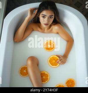 Bella donna che si immerge in un bagno di latte con fette di arancia galleggiante Foto Stock