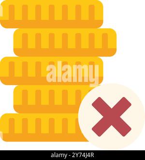 Pila di monete d'oro barrate raffiguranti perdite finanziarie, bancarotta o recessione economica Illustrazione Vettoriale