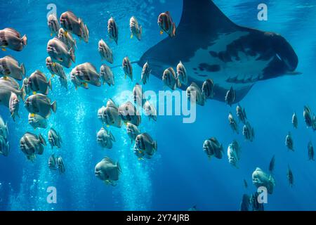 Manta gigante (Manta birostris) e una scuola di pesci battello obicolari (Platax orbicularis) presso il Georgia Aquarium nel centro di Atlanta, Georgia. (USA) Foto Stock