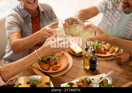 Brinda con bevande, amici anziani e diversi che si gustano insieme al tavolo da pranzo, a casa Foto Stock