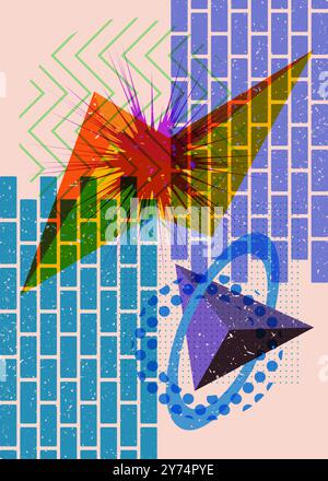 Forme geometriche colorate. Oggetto dal design grafico riso alla moda. Elementi geometrici astratti stile texture stampa risografia. Illustrazione Vettoriale