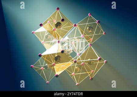 Immagine di una cella solare perovskite. La struttura molecolare della perovskite è tipicamente composta dalla formula ABX3. I Perovskites sono emersi come materiali promettenti nell'elettronica, nelle celle solari, nei LED, nell'imaging medicale e nei fotorilevatori. Foto Stock
