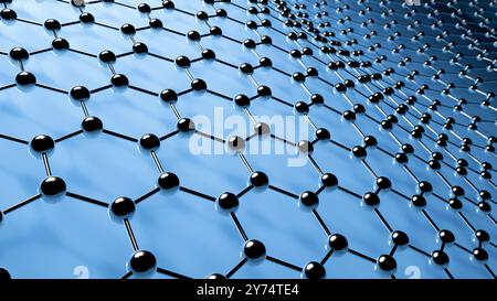 Illustrazione della struttura molecolare del grafene. Il grafene è un allotropo 2D di carbonio disposto in un reticolo a nido d'ape. Ha proprietà uniche come l'eccezionale conduttività termica, resistenza meccanica e conduttività elettrica. Foto Stock