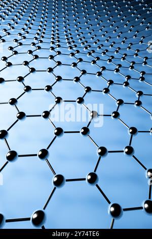 Illustrazione della struttura molecolare del grafene. Il grafene è un allotropo 2D di carbonio disposto in un reticolo a nido d'ape. Ha proprietà uniche come l'eccezionale conduttività termica, resistenza meccanica e conduttività elettrica. Foto Stock